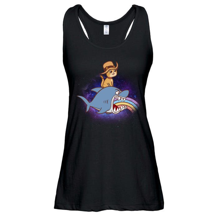 Cat Riding Shark Rainbow Bite Ladies Essential Flowy Tank