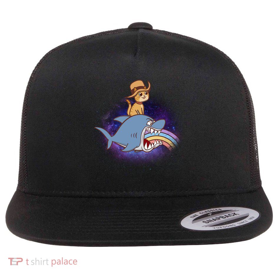 Cat Riding Shark Rainbow Bite Flatbill Hat