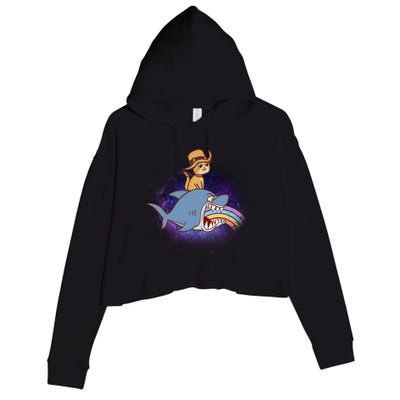 Cat Riding Shark Rainbow Bite Crop Fleece Hoodie