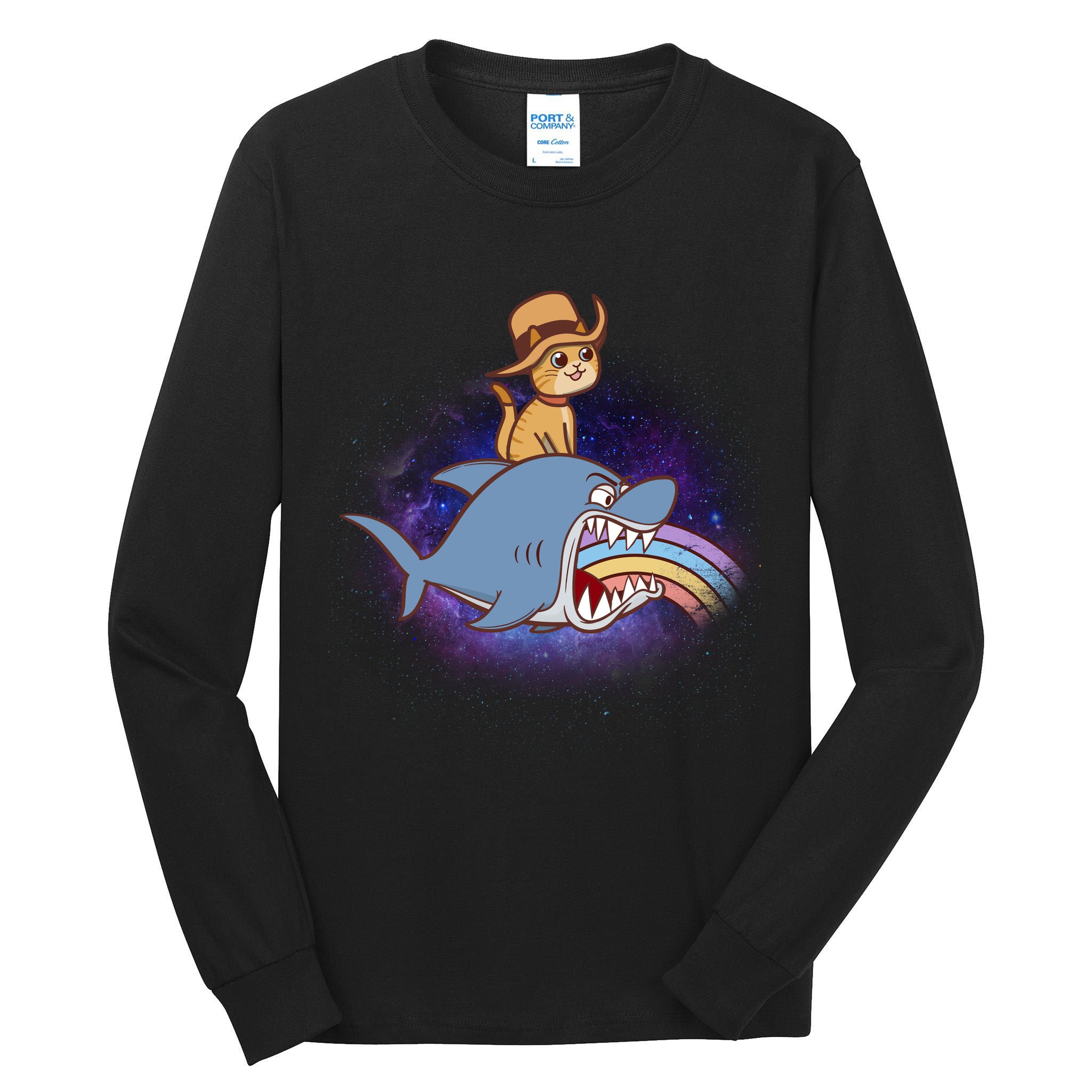 Cat Riding Shark Rainbow Bite Tall Long Sleeve T-Shirt