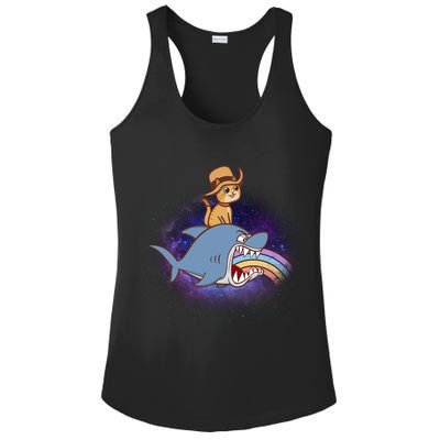 Cat Riding Shark Rainbow Bite Ladies PosiCharge Competitor Racerback Tank