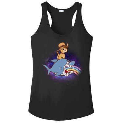 Cat Riding Shark Rainbow Bite Ladies PosiCharge Competitor Racerback Tank