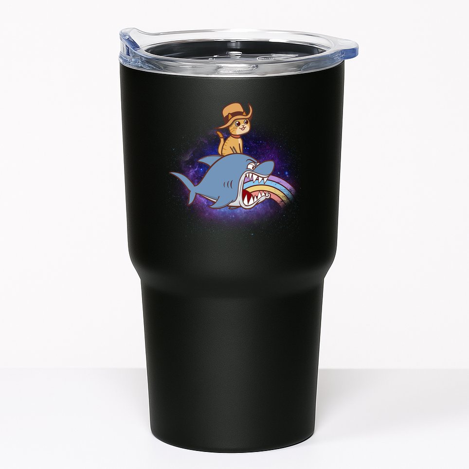 Cat Riding Shark Rainbow Bite Tumbler