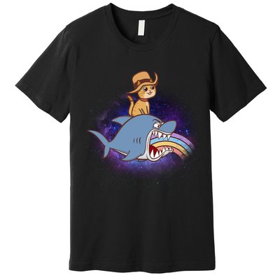 Cat Riding Shark Rainbow Bite Premium T-Shirt
