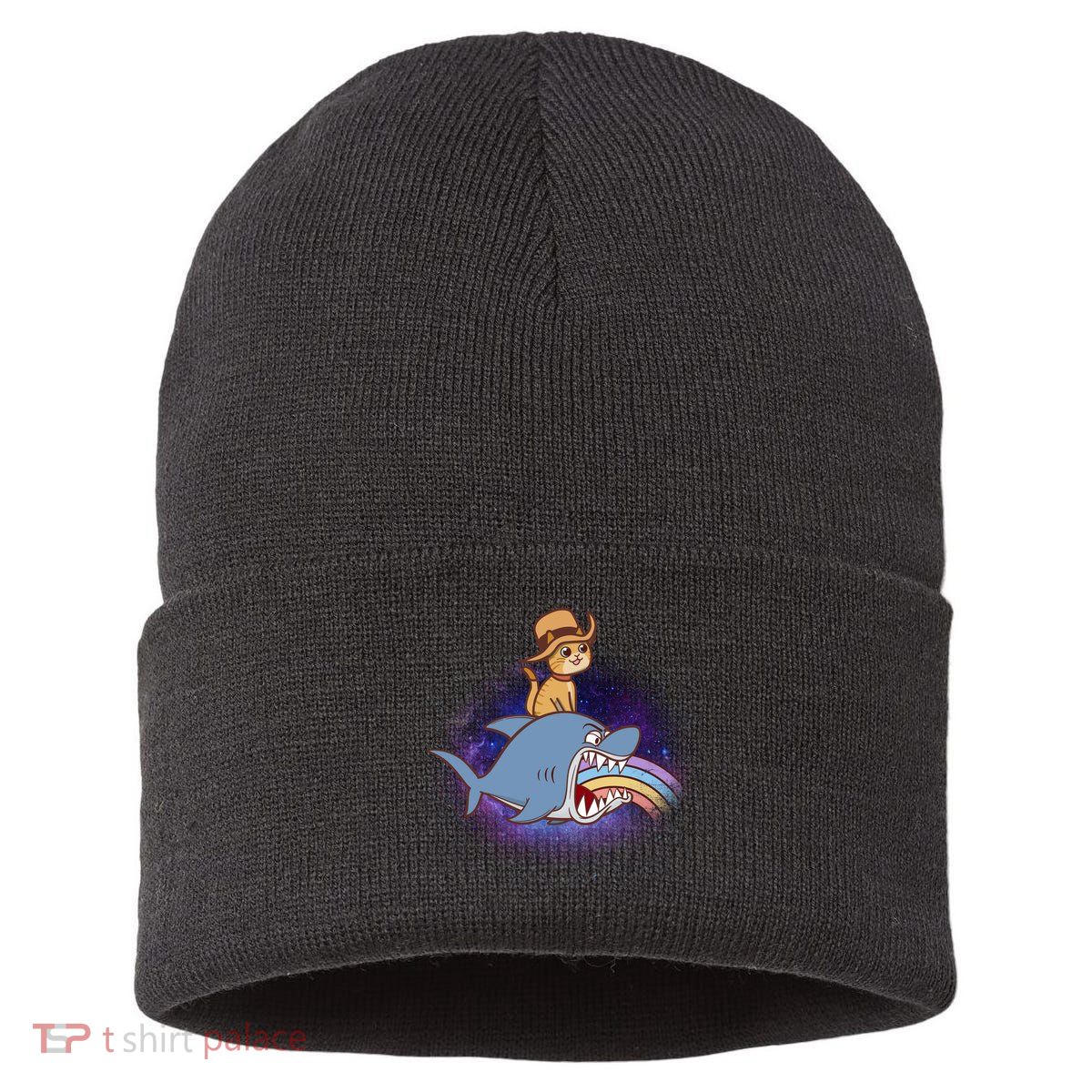 Cat Riding Shark Rainbow Bite Sustainable Knit Beanie