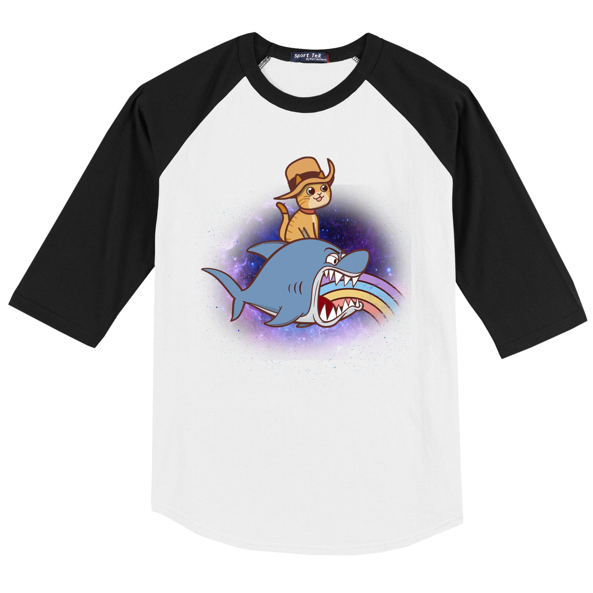 Cat Riding Shark Rainbow Bite Baseball Sleeve Shirt