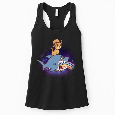 Cat Riding Shark Rainbow Bite Womens Tank Top
