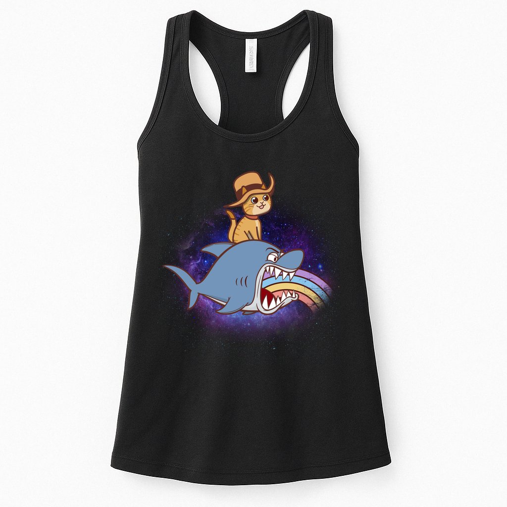 Cat Riding Shark Rainbow Bite Womens Tank Top