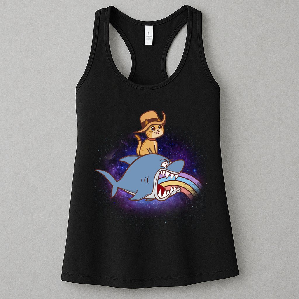 Cat Riding Shark Rainbow Bite Womens Tank Top