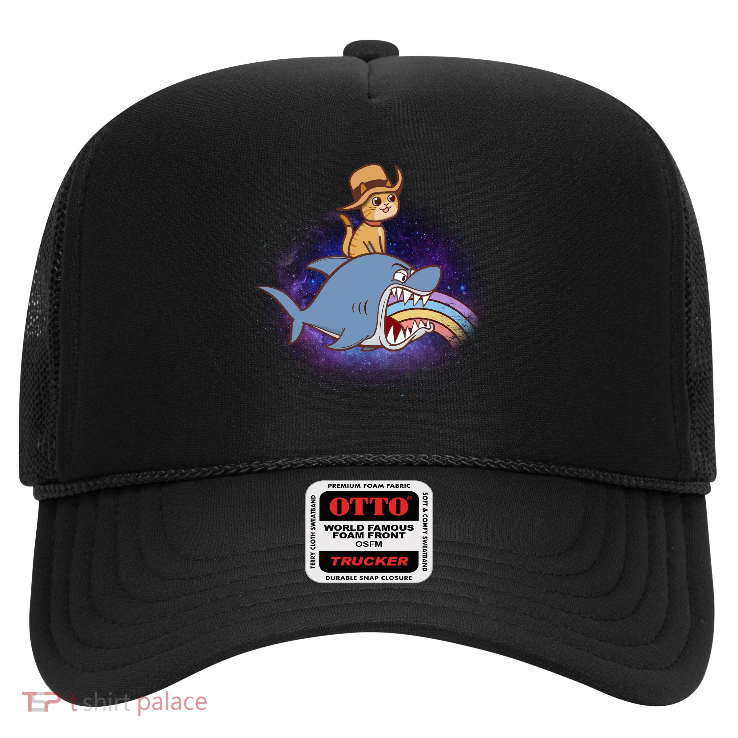 Cat Riding Shark Rainbow Bite Trucker Hat
