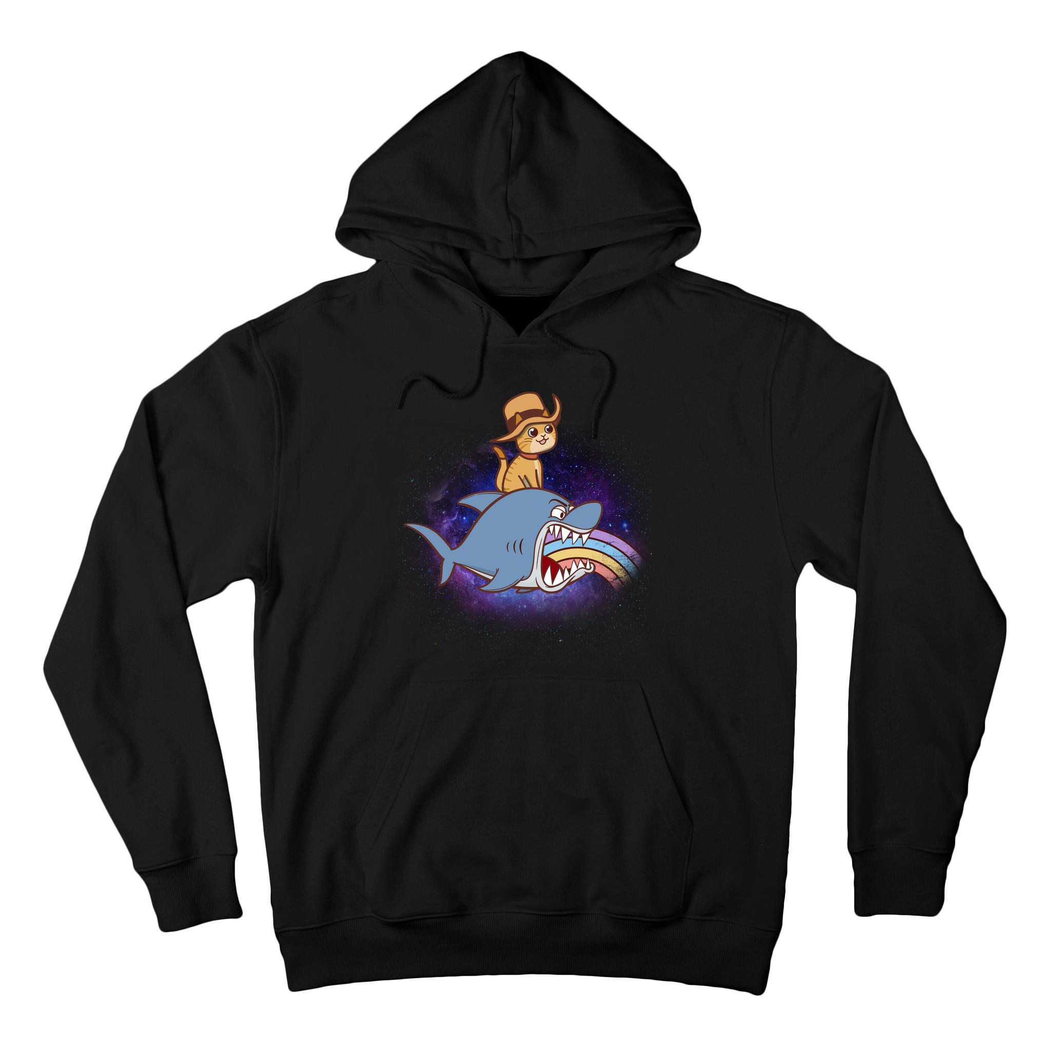 Cat Riding Shark Rainbow Bite Tall Hoodie