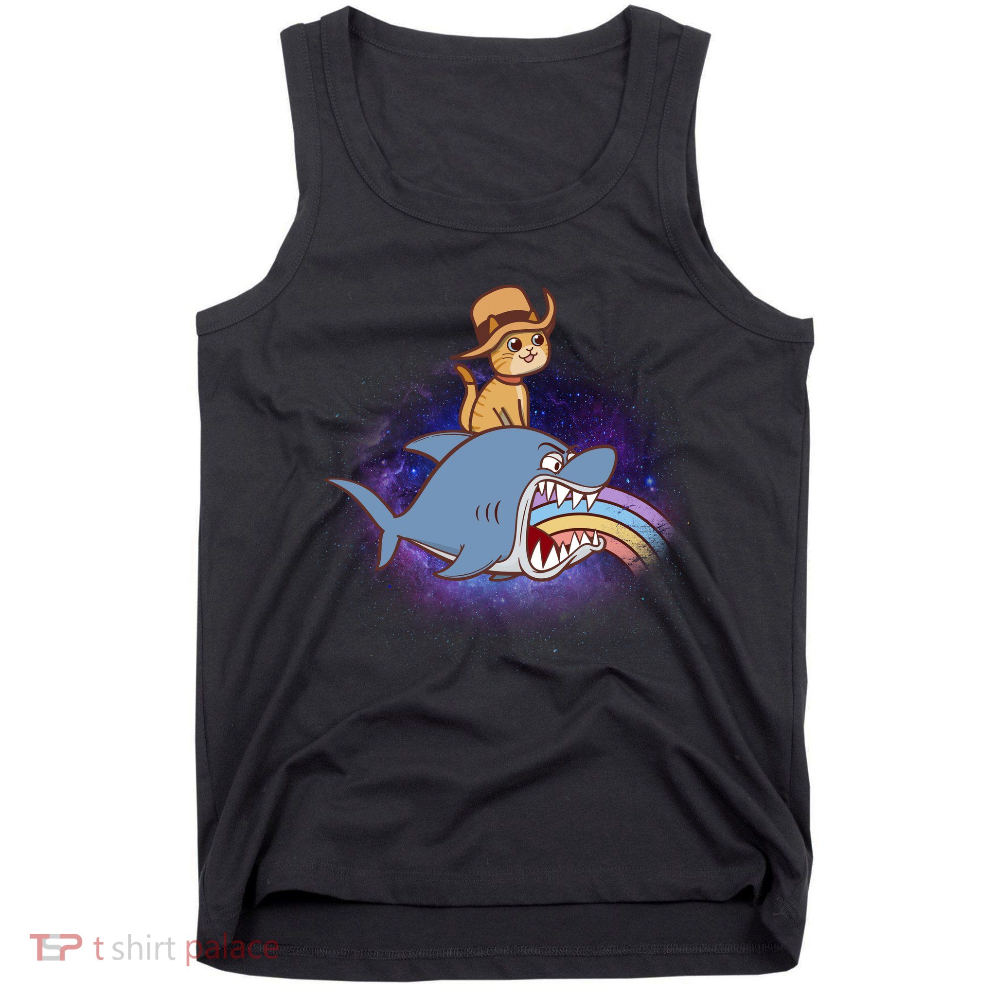 Cat Riding Shark Rainbow Bite Tank Top