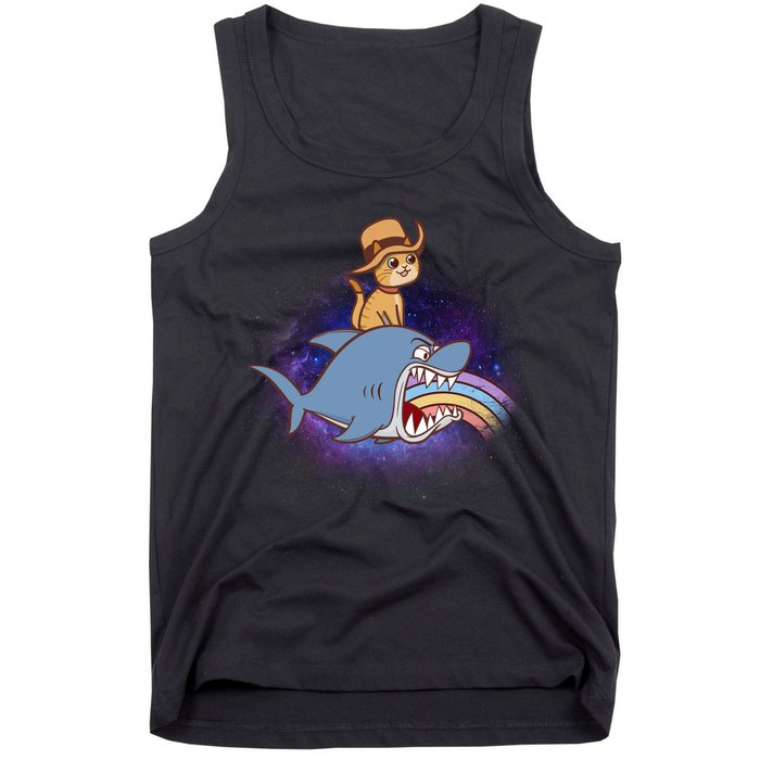 Cat Riding Shark Rainbow Bite Tank Top