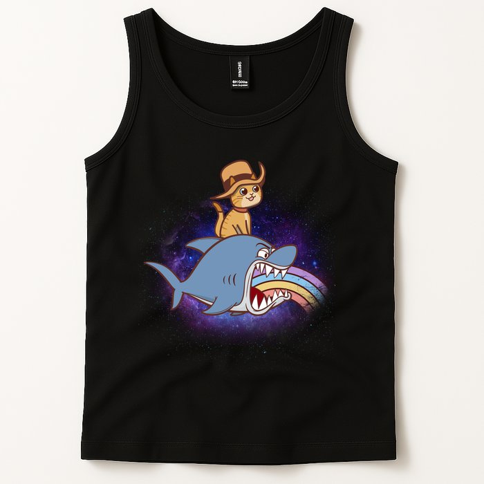 Cat Riding Shark Rainbow Bite Tank Top