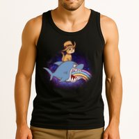 Cat Riding Shark Rainbow Bite Tank Top