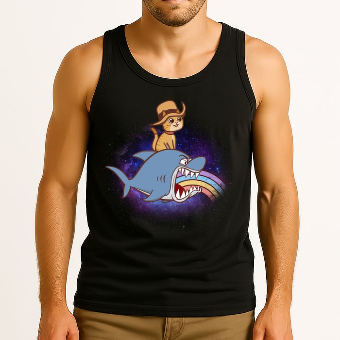 Cat Riding Shark Rainbow Bite Tank Top