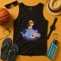 Cat Riding Shark Rainbow Bite Tank Top