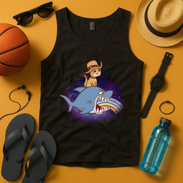 Cat Riding Shark Rainbow Bite Tank Top