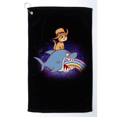 Cat Riding Shark Rainbow Bite Golf Towel