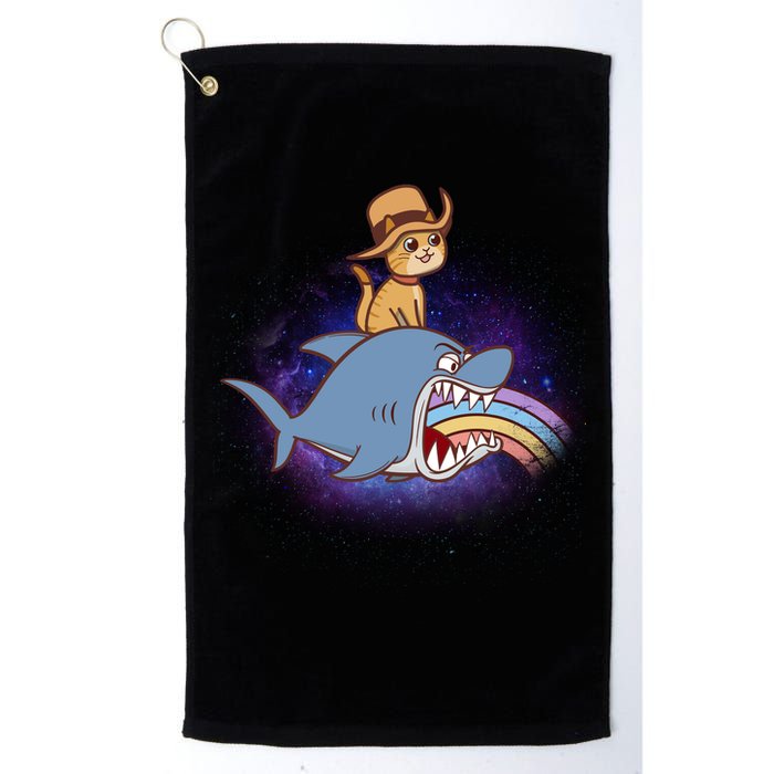 Cat Riding Shark Rainbow Bite Golf Towel