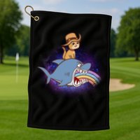 Cat Riding Shark Rainbow Bite Golf Towel