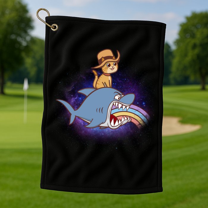 Cat Riding Shark Rainbow Bite Golf Towel