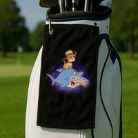 Cat Riding Shark Rainbow Bite Golf Towel