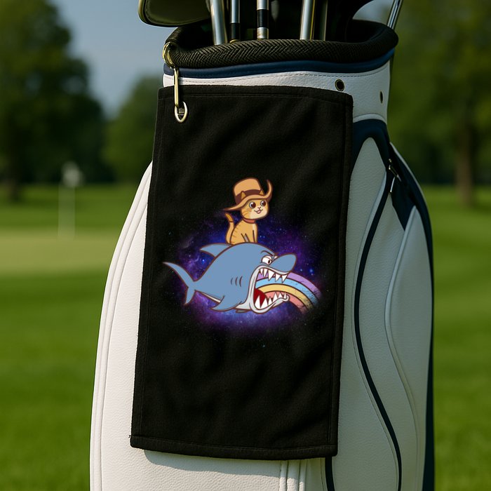 Cat Riding Shark Rainbow Bite Golf Towel