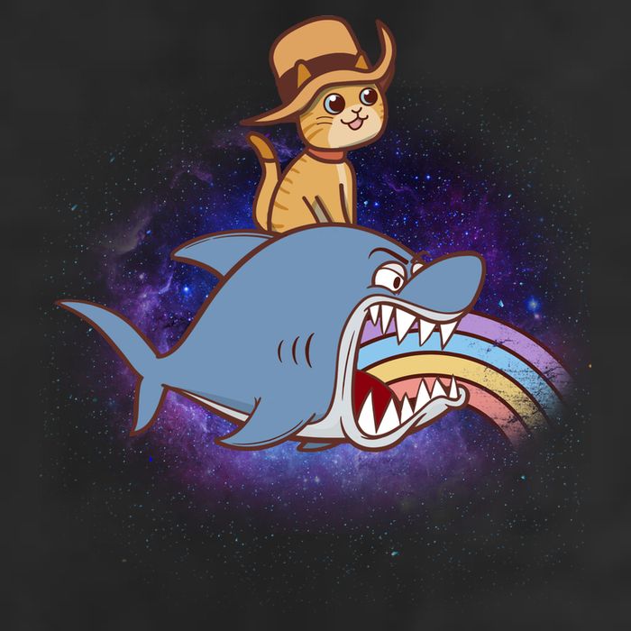 Cat Riding Shark Rainbow Bite Golf Towel