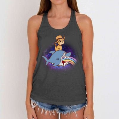 Cat Riding Shark Rainbow Bite Women's Knotted Racerback Tank