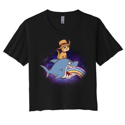 Cat Riding Shark Rainbow Bite Women's Crop Top Tee