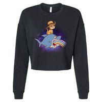 Cat Riding Shark Rainbow Bite Cropped Pullover Crew