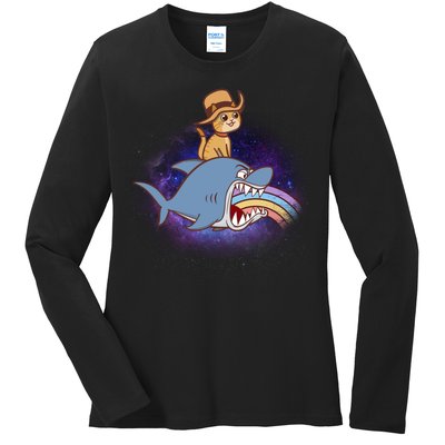 Cat Riding Shark Rainbow Bite Ladies Long Sleeve Shirt