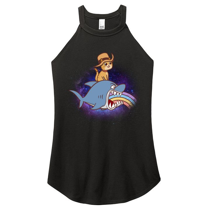 Cat Riding Shark Rainbow Bite Women's Perfect Tri Rocker Tank