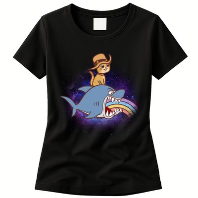 Cat Riding Shark Rainbow Bite Womens T-Shirt
