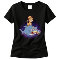 Cat Riding Shark Rainbow Bite Womens T-Shirt
