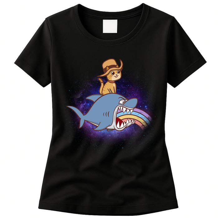 Cat Riding Shark Rainbow Bite Womens T-Shirt