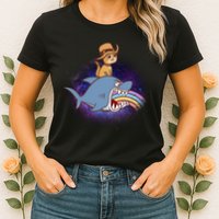 Cat Riding Shark Rainbow Bite Womens T-Shirt