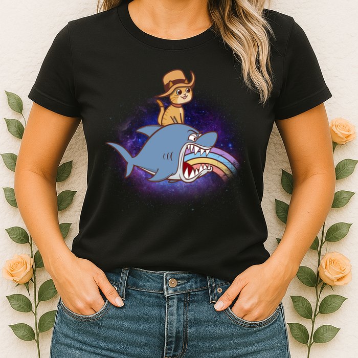 Cat Riding Shark Rainbow Bite Womens T-Shirt