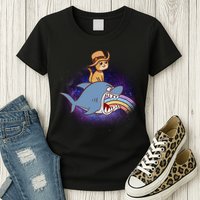 Cat Riding Shark Rainbow Bite Womens T-Shirt