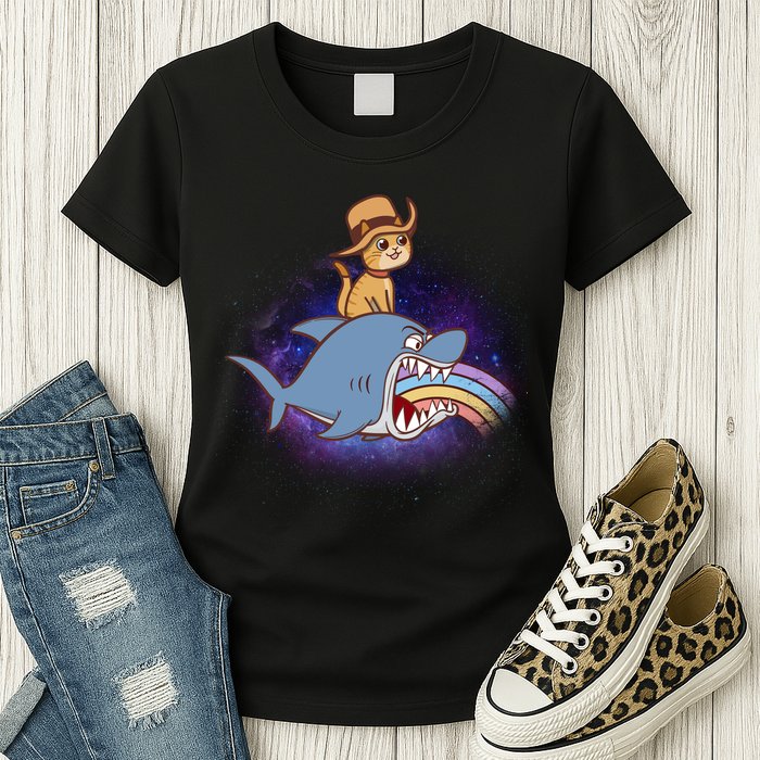 Cat Riding Shark Rainbow Bite Womens T-Shirt