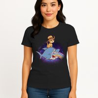 Cat Riding Shark Rainbow Bite Womens T-Shirt