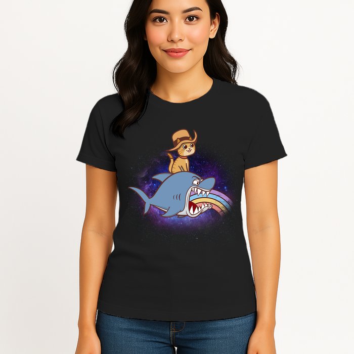 Cat Riding Shark Rainbow Bite Womens T-Shirt
