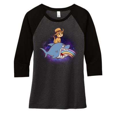 Cat Riding Shark Rainbow Bite Women's Tri-Blend 3/4-Sleeve Raglan Shirt