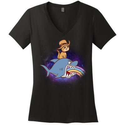 Cat Riding Shark Rainbow Bite Women's V-Neck T-Shirt