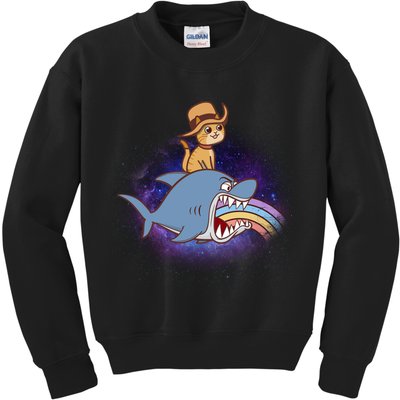 Cat Riding Shark Rainbow Bite Kids Sweatshirt