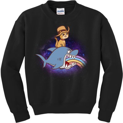 Cat Riding Shark Rainbow Bite Kids Sweatshirt