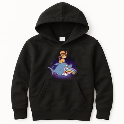 Cat Riding Shark Rainbow Bite Kids Hoodie