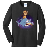 Cat Riding Shark Rainbow Bite Kids Long Sleeve Shirt