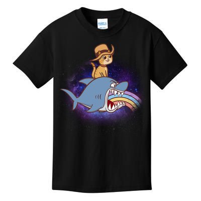 Cat Riding Shark Rainbow Bite Kids T-Shirt